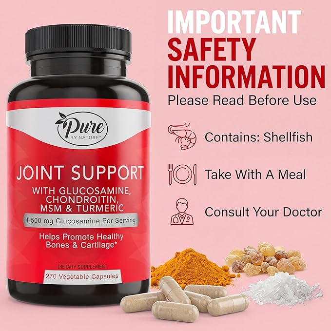 Pure By Nature Joint Support, Glucosamine with Chondroitin Turmeric MSM Boswellia Supplement, 270 Capsules