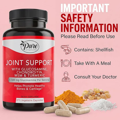 Pure By Nature Joint Support, Glucosamine with Chondroitin Turmeric MSM Boswellia Supplement, 270 Capsules