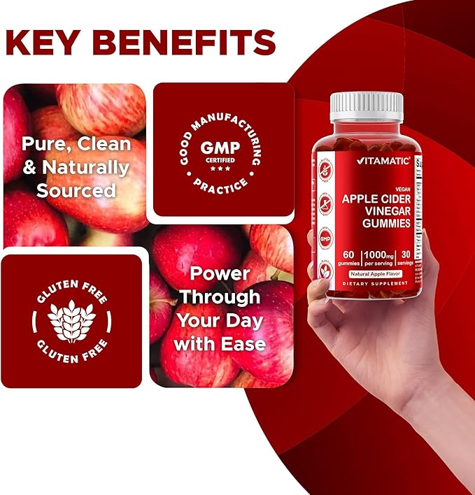 Vitamatic Apple Cider Vinegar Gummies - 1000mg per Serving - 60 Vegan Gummies - ACV Gummies for Detox, Weight Loss Support, Energy Boost, Digestion & Gut Health