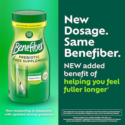 Benefiber Daily Prebiotic GLP-1 Friendly Fiber Supplement Powder for Digestive Health, Unflavored - 250 Teaspoons (17.6 Ounces)