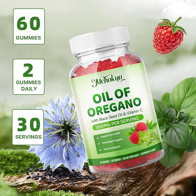 Oil of Oregano with Black Seed Oil, 2-in-1 Black Seed Oil Supplement for Women & Men Support Antioxidant Health, Sugar Free & Vegan Raspberry Herbal Gummies, 120 Count