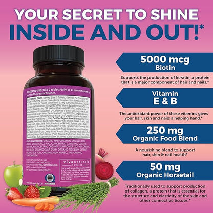 Biotin 5000 mcg Hair Skin Nails Vitamins for Women – Organic and Vegetarian-Friendly Supplement with Vitamin E, B-Vitamins, Spirulina, Horsetail and Superfood Blend to help Produce Keratin –120 Count