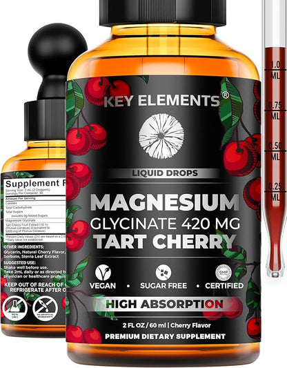 Liquid Magnesium Glycinate 420 Mg with Natural Tart Cherry Extract | Magnesium Glycinate Drops Supplement for Sleep, Mood & Mobility Support | Tart Cherry Extract