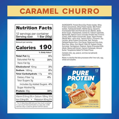 Pure Protein Caramel Churro Protein Bars – 20g Protein, 3g Sugar, 190 Calories (12 count) Low Sugar* High Protein Snack - Gluten Free - Perfect for a Healthy Snack