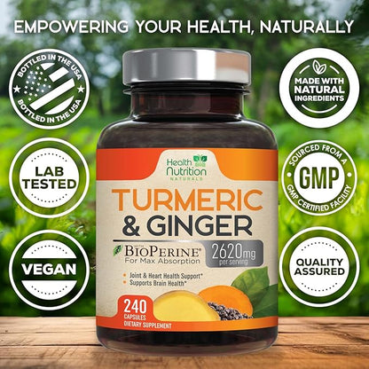 Turmeric Curcumin Supplement - 2000mg Organic Turmeric & 400mg Organic Ginger per Serving - 95% Curcuminoids & BioPerine Black Pepper for Best Absorption & Joint Support, Bottled in USA - 240 Capsules