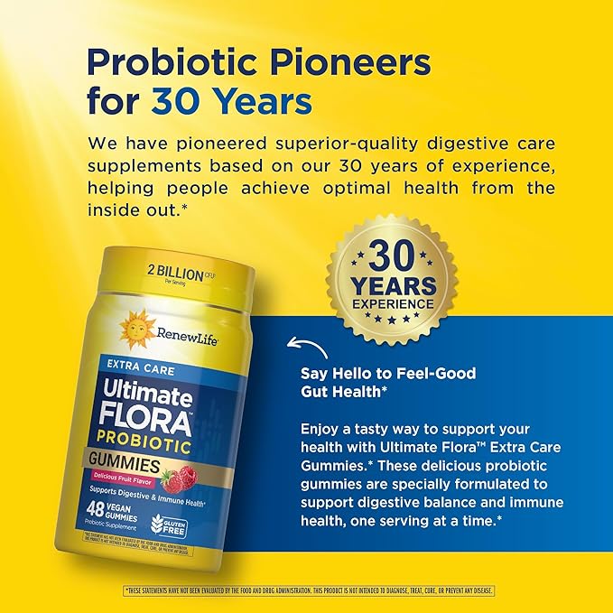 Renew Life Extra Care Digestive Prebiotic and Probiotic Gummies, Daily Supplement for Digestive and Immune Health, B. Coagulans and B. Subtilis, Dairy, Soy and gluten-free, 2 Billion CFU, 48 Count