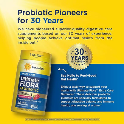 Renew Life Extra Care Digestive Prebiotic and Probiotic Gummies, Daily Supplement for Digestive and Immune Health, B. Coagulans and B. Subtilis, Dairy, Soy and gluten-free, 2 Billion CFU, 48 Count
