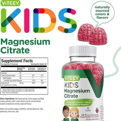 Viteey Kids Magnesium Citrate Gummies - Supports Sleep Aid, Calm Gummies, Muscle Relaxer, Optimal Relaxation - Vegetarian, Gelatin Free, Gluten Free, GMO Free - Tasty Chewable Raspberry Flavored Gummy