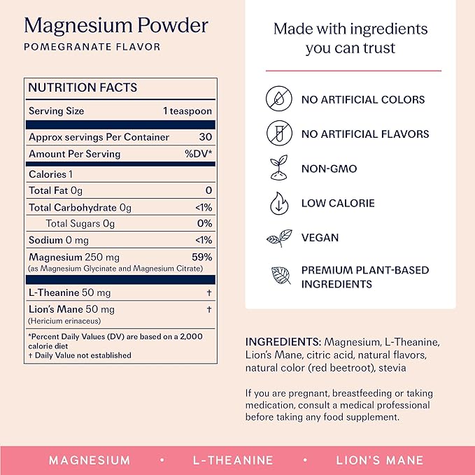 TRIP Magnesium Glycinate Powder with L-Theanine & Lion’s Mane, Sugar Free Magnesium Supplement for Adults, 250mg Magnesium per Drink Mix Serving, Pomegranate Orange Blossom, 1 Bag - 30 Servings