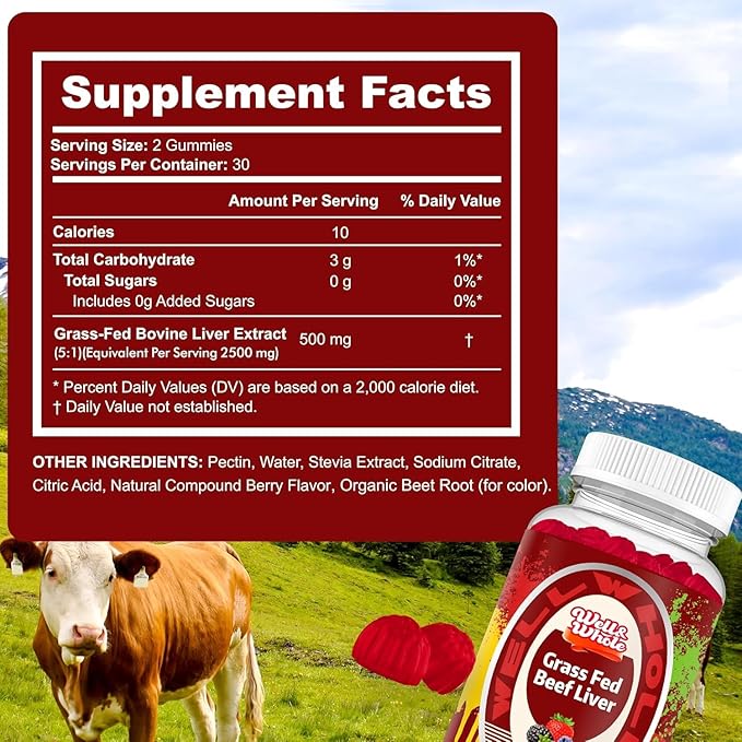 Well&Whole Grass Fed Beef Liver Gummies, Dessicated Beef Liver Supplement for Energy, Immunity, and Full Wellness - Non GMO, Gluten Free, for Adults and Kids, 120 Counts
