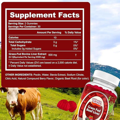 Well&Whole Grass Fed Beef Liver Gummies, Dessicated Beef Liver Supplement for Energy, Immunity, and Full Wellness - Non GMO, Gluten Free, for Adults and Kids, 120 Counts
