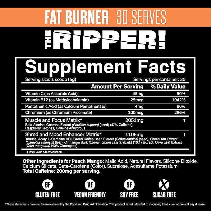 JNX SPORTS The Ripper! Fat Burner Pre Workout for Men & Women – Thermogenic Fat Burning Powder & Appetite Suppressant, Boost Energy & Endurance – Peach Mango, 30 Servings