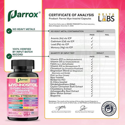 Myo Inositol Supplement, D-Chiro Inositol, Folate, DIM, Vitamin D3, B12, K2, Chromium, Bioperine, Ceylon Cinnamon, Zinc, Ashwagandha, Chasteberry, Magnesium, Berberine (90 Vegan Capsules)