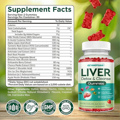 Liver Cleanse Detox & Repair Gummies, Milk Thistle Supplement with NAC, Alpha Lipoic Acid, Dandelion Root, Artichoke Leaf for Liver Detox Support, Antioxidant, Immune Support, Strawberry Flavor 60ct
