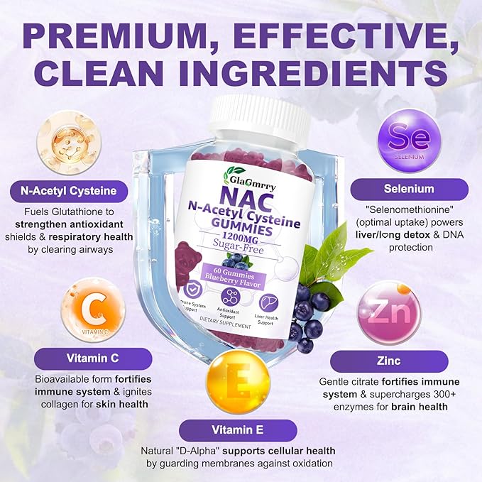 2 Pack N-Acetyl Cysteine Gummies for Kids & Adults, N-Acetyl Cysteine Supplement with Selenium Zinc Vitamin C & E for Liver Health, Antioxidant, Immune System, 120 Count, Sugar Free