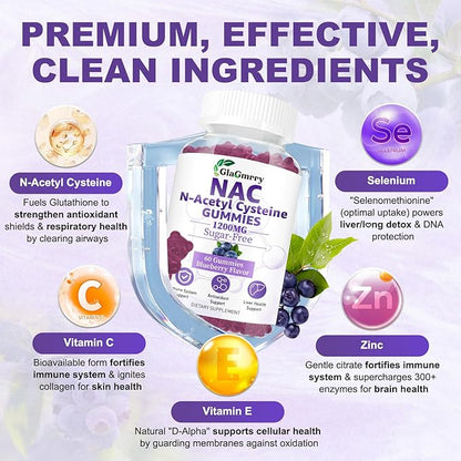 2 Pack N-Acetyl Cysteine Gummies for Kids & Adults, N-Acetyl Cysteine Supplement with Selenium Zinc Vitamin C & E for Liver Health, Antioxidant, Immune System, 120 Count, Sugar Free