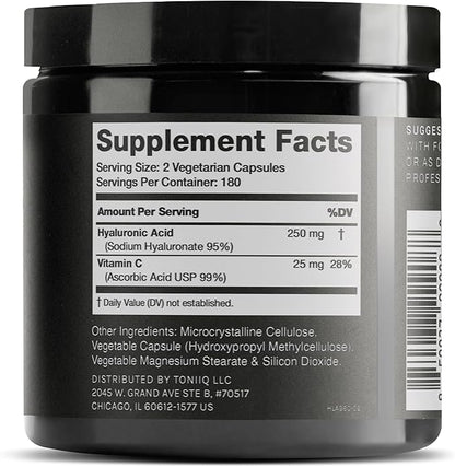 Toniiq Hyaluronic Acid Supplements – Lab Tested 95% Ultra High Purity – Fermented and Bioavailable with Vitamin C – Third Party Lab Tested – 360 Capsules