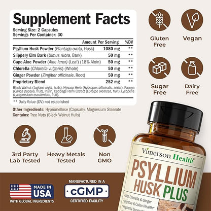 Fiber Supplement with 1080mg Psyllium Husk Powder, Slippery Elm for Women & Men, Ginger Root – High Fiber Pills for Regularity, Digestive & Gut Health – Gentle on Stomach 60 Psyllium Husk Capsules