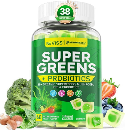Organic Super Greens Daily Superfood Gummies + Probiotics, Spirulina, Chlorella Spinach Broccoli, Prebiotic Fiber, Mushroom -Rich in Vitamins & Antioxidants - Digestive, Focus, Energy, No Sugar, 60Cts