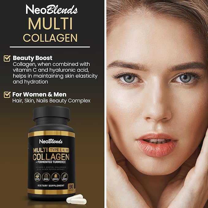 Multi Collagen + Fermented Turmeric – Hydrolyzed Collagen Types I, II & III with Biotin, Hyaluronic Acid & Vitamin C – Skin, Hair, Nail & Joint Support – 90 Capsules