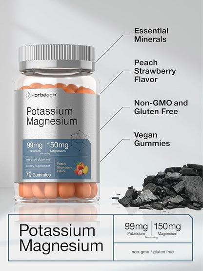Horbaach Potassium Magnesium Gummies | Peach Strawberry Flavor | 70 Chewable Gummy | Vegan, Non-GMO, and Gluten Free Supplement