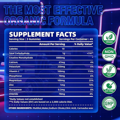 zipvit Creatine Monohydrate Gummies (5g) – Pre-Workout Energy & Muscle Growth Support for Men & Women | Blueberry Electrolyte Gummies (135 Count)