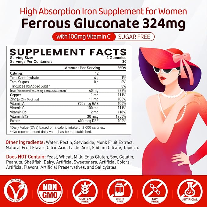 Iron Gummies for Women Teen Girls, Ferrous Gluconate 324 mg with Vitamin C, Iron Supplement Plus Vitamin A, B, Folate, Copper, Zinc, Energy & Blood Support, Immune Health, Sugar Free 60 Gummies