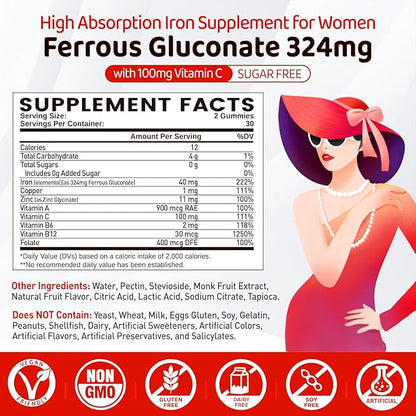 Iron Gummies for Women Teen Girls, Ferrous Gluconate 324 mg with Vitamin C, Iron Supplement Plus Vitamin A, B, Folate, Copper, Zinc, Energy & Blood Support, Immune Health, Sugar Free 60 Gummies