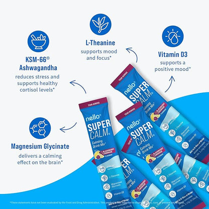 Nello Supercalm Powdered Drink Mix, Cortisol Reducer*, Sleep Aid Supplement, L Theanine, Ksm-66 Ashwagandha, Magnesium Glycinate, Vitamin D 3, No Sugar, Non GMO, 20 Ct, BlackBerry Lemonade