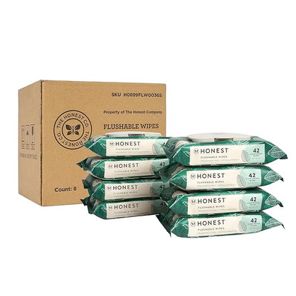 The Honest Company Hypoallergenic Flushable Wipes for Sensitive Skin, Tropical Leaves,42 Count (Pack of 16)