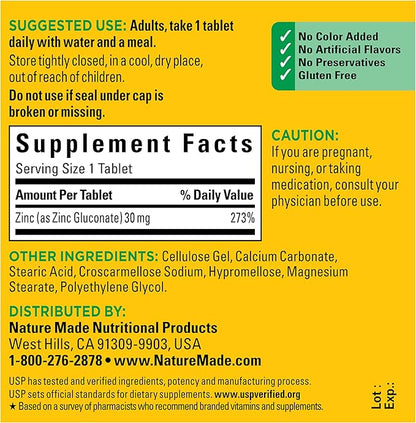 Nature Made Zinc 30 mg, Zinc Supplements for Men & Women, Dietary Supplement for Immune Health and Antioxidant Support, 100 Tablets, 100 Day Supply