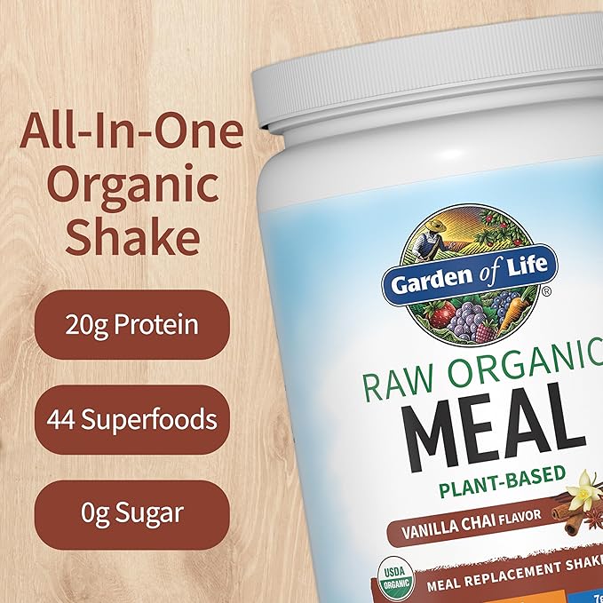 Garden of Life Meal Replacement Shakes, Raw Organic, Vanilla Chai Protein Powder with Plant Based Pea Protein, Sprouts, Greens, Probiotics, Dairy Free 28 Servings