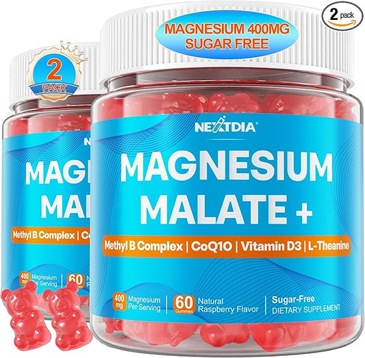 Magnesium Malate Gummies - Magnesium 400mg, L-5-MTHF Folate 680mcg, Methyl B12, B6, L-Theanine & CoQ10 - Sugar Free Methylated Magnesium Complex for Women Men, Methylation, Energy, Muscle & Calm,2Pack