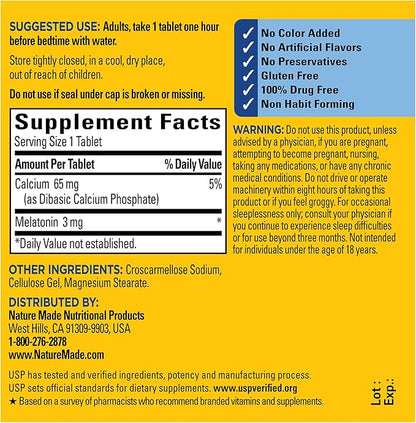 Nature Made Melatonin 3mg Sleep Aids for Adults, 100% Drug Free Sleep Aid, Sleep Supplements, 240 Tablets, 240 Day Supply