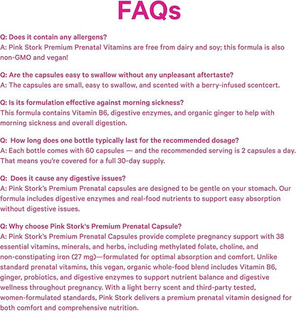 Pink Stork Premium Prenatal Vitamins for Women | Methylated Folate, Choline, Iron, Vegan DHA | Doctor-Formulated Prenatal Vitamin | Organic Whole-Foods & Probiotic | Gentle on Stomach, 60 Count