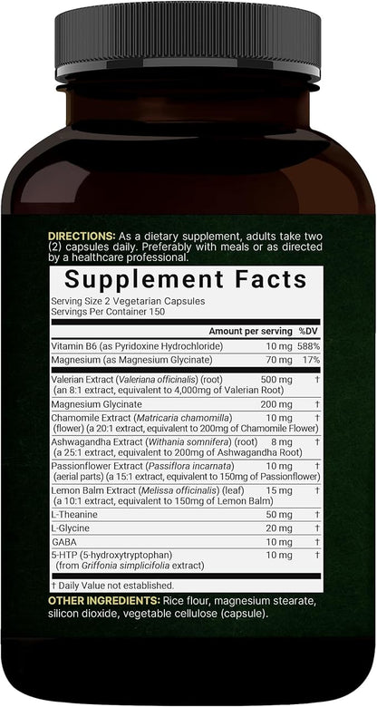 NatureBell Valerian Root for Sleep, 300 Veggie Capsules with Magnesium Glycinate, Chamomile, Passionflower, Lemon Balm, Ashwagandha, & More – Relaxation & Sleep Support Supplement – Melatonin Free