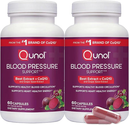 Qunol Blood Pressure Support, 3 in 1 Beets + CoQ10 + Grape Seed Extract, Beet Root Capsules that Supports Healthy Blood Circulation & Heart Healthy Energy, 60 Count (Pack of 2)