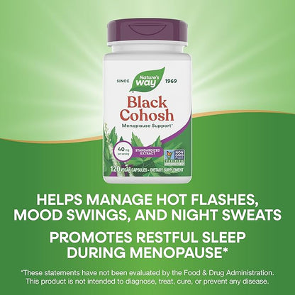 Nature's Way Black Cohosh Premium Extract, Helps Reduce Night Sweats and Promotes Restful Sleep for Women During Menopause*, 40 mg per Serving, 120 Vegan Capsules (Packaging May Vary)