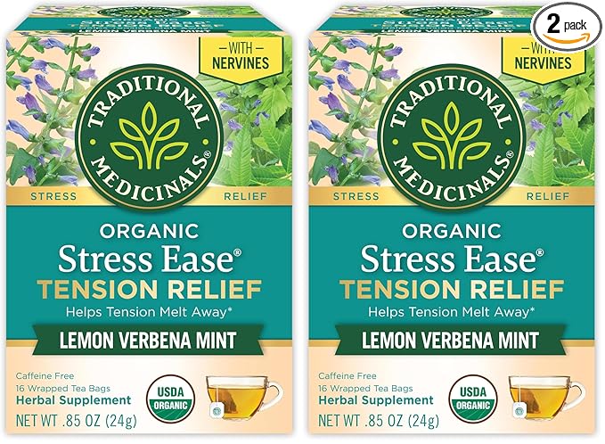 Traditional Medicinals Organic, Stress Ease Tension Relief, Lemon Verbena Mint Tea - Supports Stress Relief - Kosher, Non-GMO, Caffeine-Free, Compostable - 16 Count (Pack of 2)