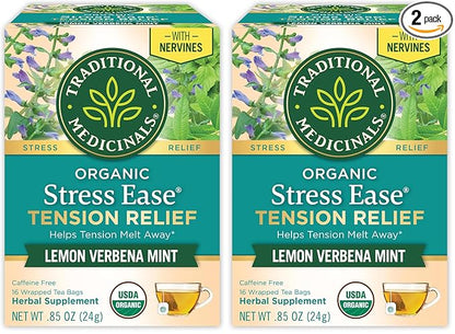 Traditional Medicinals Organic, Stress Ease Tension Relief, Lemon Verbena Mint Tea - Supports Stress Relief - Kosher, Non-GMO, Caffeine-Free, Compostable - 16 Count (Pack of 2)