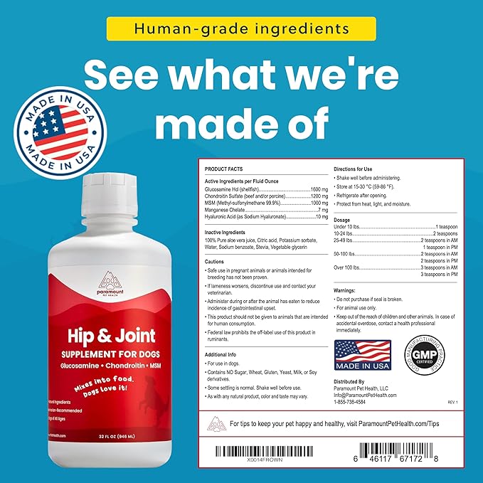 Paramount Pet Health Liquid Glucosamine for Dogs, 1600 mg Glucosamine for Dogs Hip & Joint Supplement, Ideal for Mobility & Comfort, Easy-to-Use Liquid MSM, Chondroitin, Made in USA, 32 oz