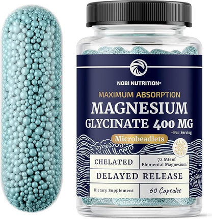 Magnesium Glycinate 400mg | High Absorption Magnesium for Sleep, Calm, Muscle Relaxation, Heart, Bone & Nerve Support for Women & Men | Advanced Microbeadlets | Chelated Mag Glycinate | 60 Ct.