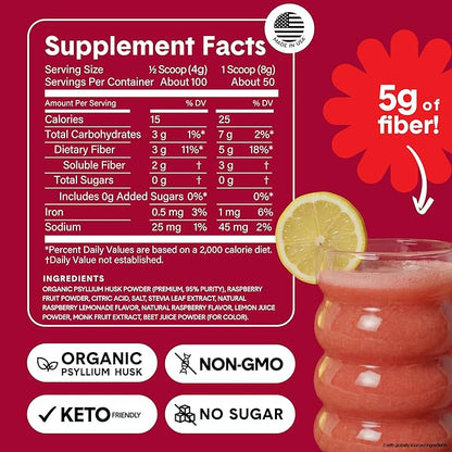 Bellway Super Fiber Powder + Fruit, Sugar Free Organic Psyllium Husk Powder Fiber Supplement for Regularity, Bloating Relief & Digestive Health, Plant-Based, Raspberry Lemon (50 Servings)