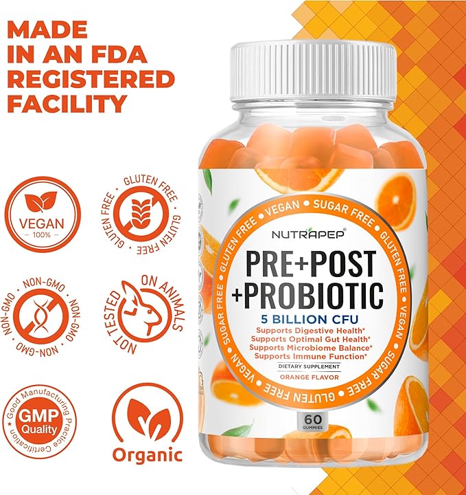 NutraPep Prebiotic Probiotic & Postbiotic Gummies for Women Men & Kids Children - High Potency 5 Billion CFU - Sugar-Free & Gluten 60 Count (Pack of 2)