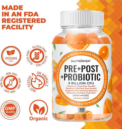NutraPep Prebiotic Probiotic & Postbiotic Gummies for Women Men & Kids Children - High Potency 5 Billion CFU - Sugar-Free & Gluten 60 Count (Pack of 2)