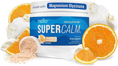 Nello Supercalm Powdered Drink Mix Tub, Cortisol Reducer* and Sleep Aid Supplement, L Theanine, Ksm-66 Ashwagandha, Magnesium Glycinate, Vitamin D 3, No Sugar, Non GMO, 30 Ct, Orange Creamsicle