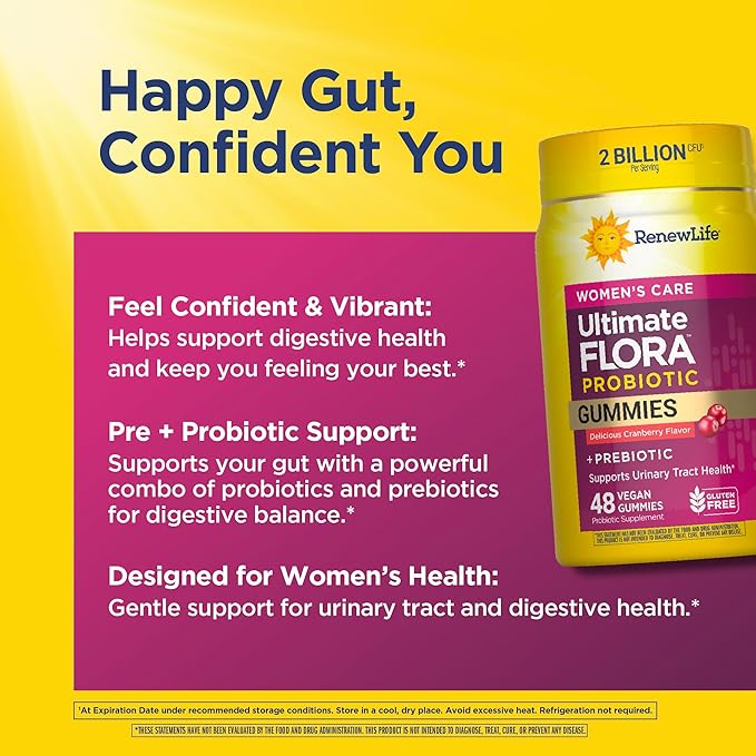 Renew Life Women's Care Cherry Prebiotic and Probiotic Gummies, Digestive, Urinary Tract and Immune Health, B. Coagulans and B. Subtilis, Dairy, Soy and gluten-free, 2 Billion CFU 48 Count