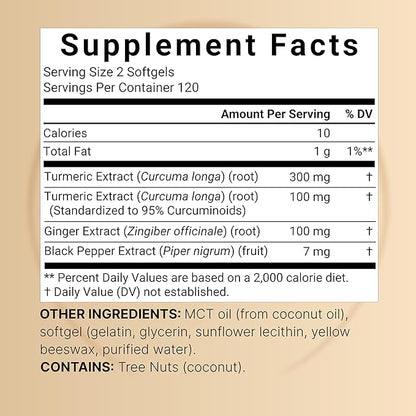 Turmeric Curcumin Supplement with Black Pepper & Ginger | 95% Curcuminoids | 240 Softgels with MCT Oil for Better Absorption (120 Day Supply)