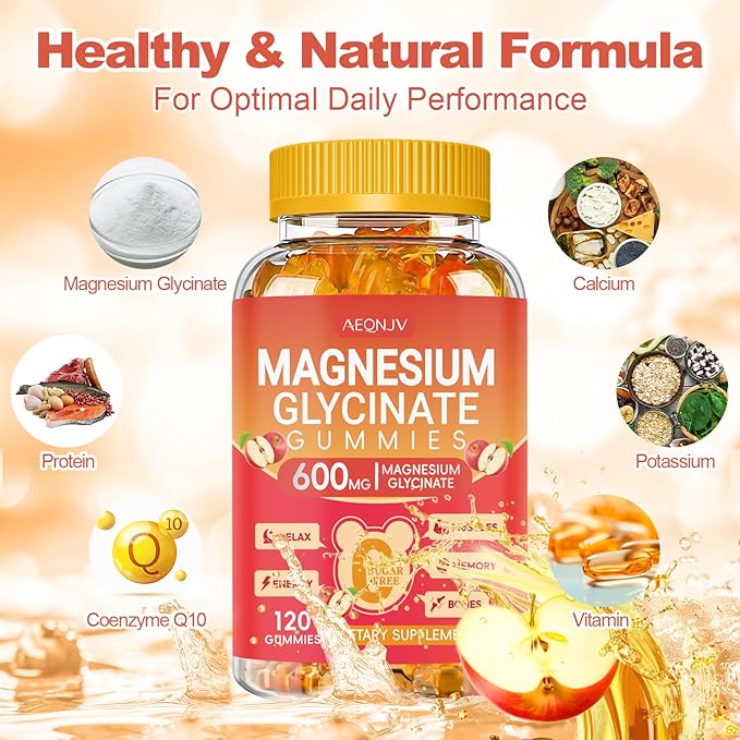 Magnesium Glycinate Gummies 600MG, Chewable Sugar Free Magnesium Citrate for Men & Women, Vitamin B6, D3, Magnesium Supplements for Sleep, Body Support and Relaxation, 60 Day Supply