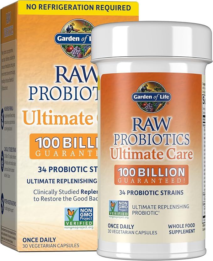 Garden of Life Raw Probiotics for Women and Men with Digestive Enzymes, 100 Billion CFU, Clinically Studied Strains, Shelf Stable, 30 Capsules